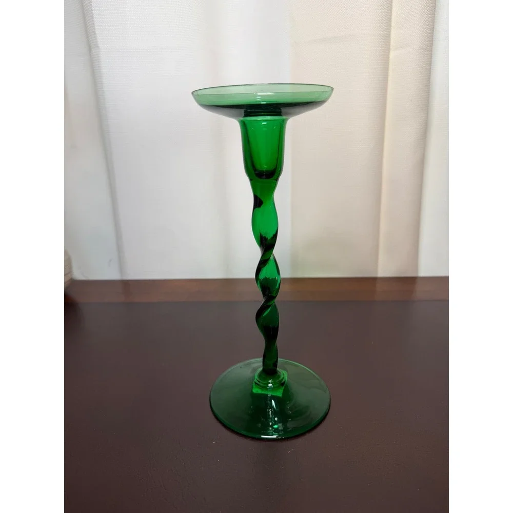 Emerald Green Glass Spiral Twist Stem Candlestick Holder Mid Century Modern 9.5